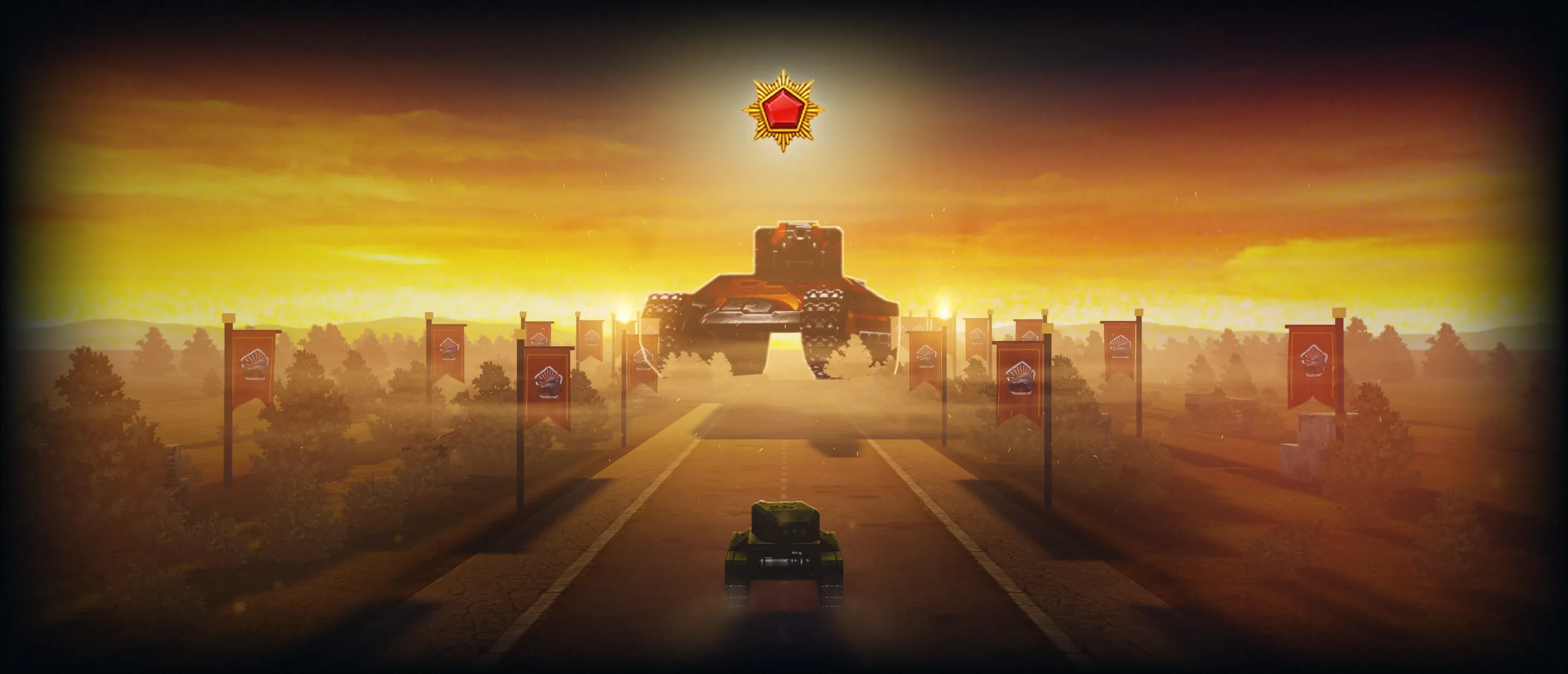 A Wasp M0 with a Smoky M0 turret at the start of a long road at sunset. Crimson banners with the Prime Tanki logo line the first stretch of the road, with fire beacons on the nearest pair. At the end of the road a giant Wasp M3 with a Smoky M3 turret in Inferno paint aims its gun straight at the small tank, with the Generalissimo insignia shining high above it like the sun.